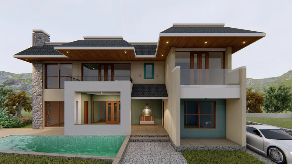 Rendered front: a white frame around the entrance porch, a pool before it, glass balconies above and deep timber eaves