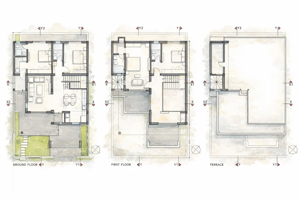 Watercolour-washed plans of the ground floor, first floor and terrace, with bedrooms, living and dining areas and stairs