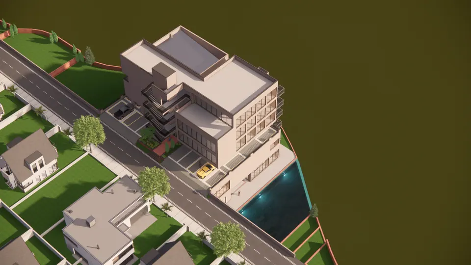 Rendered top view of the club house with its pool, the road and neighbouring house plots