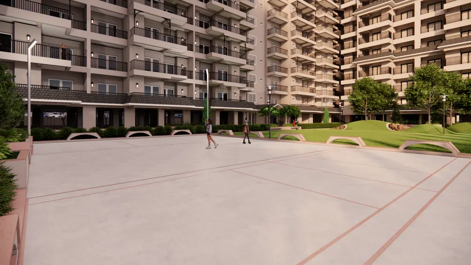 Rendered paved court with figures walking towards grassy mounds, apartment blocks around