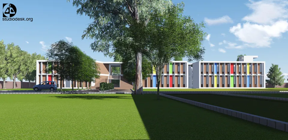Rendered wide view of the campus: long two-storey wings with coloured panels beyond a lawn and mature trees