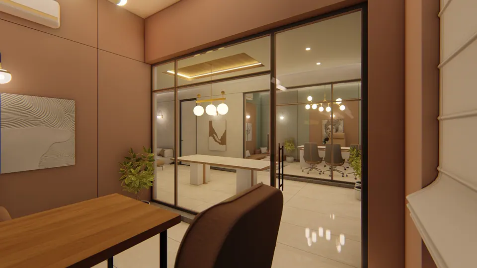 Rendered view from a timber desk through glass partitions into neighbouring cabins