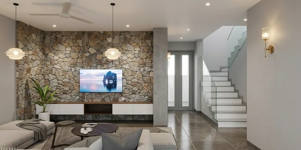 Rendered living room: a random-stone feature wall with TV, two round pendants and a white stair with a glass balustrade