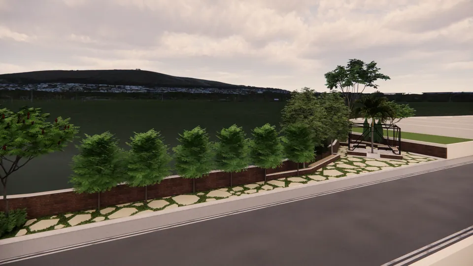 Rendered roadside park with a row of young trees, stepping stones and a low brick wall