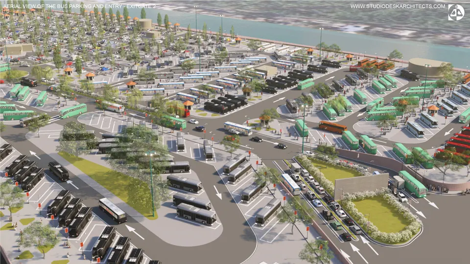 Rendered aerial of the bus parking with long rows of buses and the entry-exit gate 2, the river behind