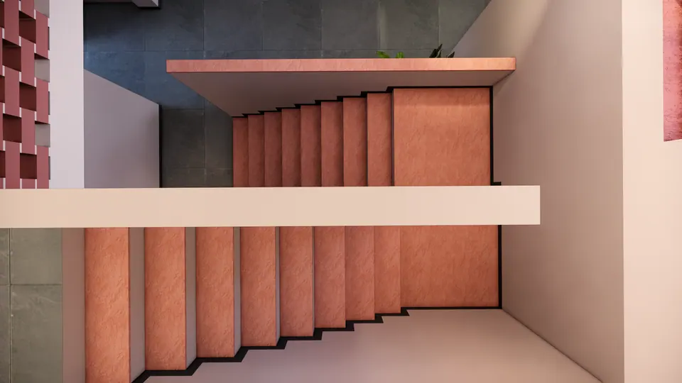 Rendered view down the stairwell: terracotta treads beneath a cantilevered landing slab