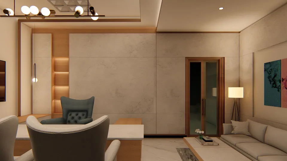 Rendered view from the sitting area to the desk and its tufted chairs, beside a timber-framed glazed door