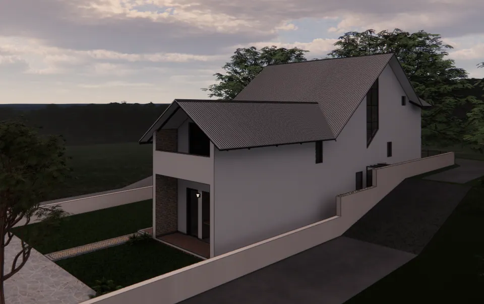 Rendered side of the house: steep pitched roofs, a tall corner window and a brick-clad lower bay above a path