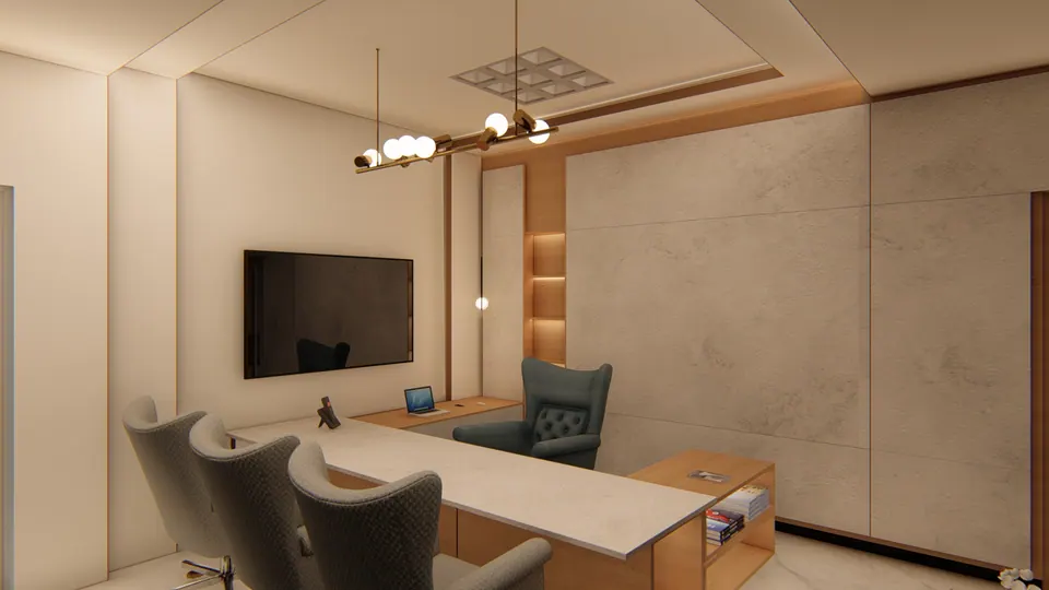 Rendered desk with three tufted visitor chairs facing a wall-mounted screen, under a linear pendant light