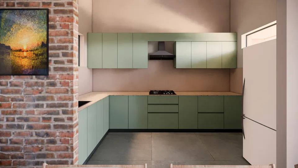 Rendered kitchen: sage-green L-shaped units, a white fridge and an exposed-brick pier hung with a sunset painting