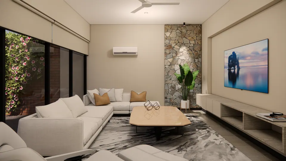 Rendered living room seen from the sofa: a timber coffee table, a stone-clad panel and a long low TV unit