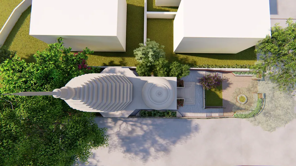 Rendered top view of the temple: shikhara, dome and forecourt with a small garden among trees