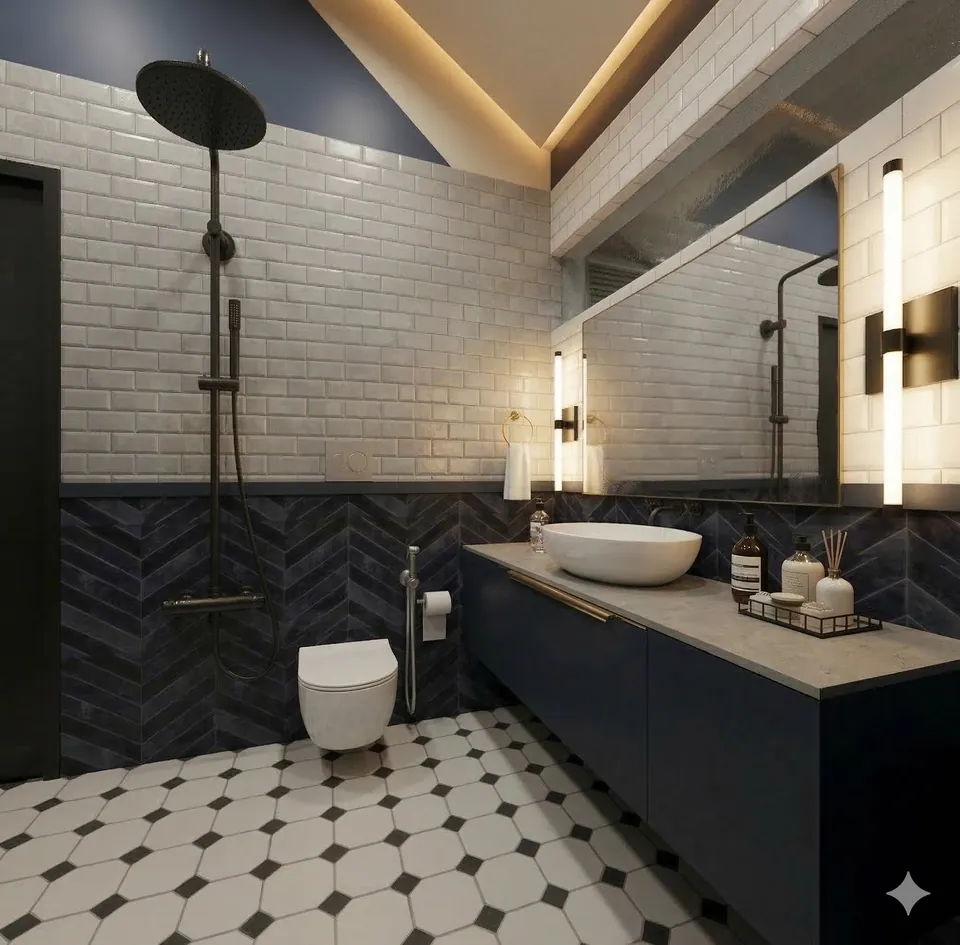 Rendered navy and white bathroom seen at an angle: a black shower set, a long vanity with a vessel basin and wall lights
