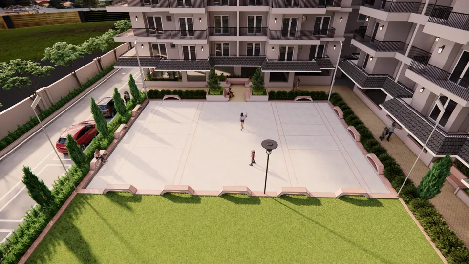 Rendered aerial of a paved sports court and lawn in the courtyard, with small figures playing