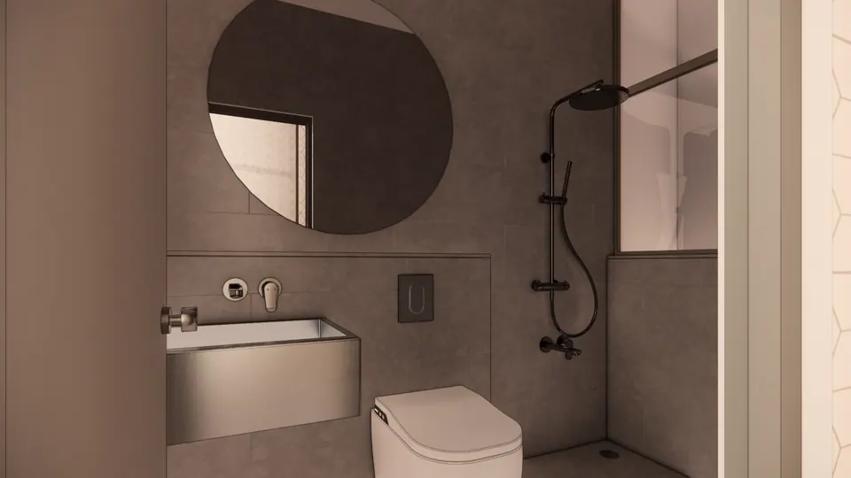 Rendered bathroom with a round mirror, a wall-hung basin and WC and a rain shower, in grey tiles