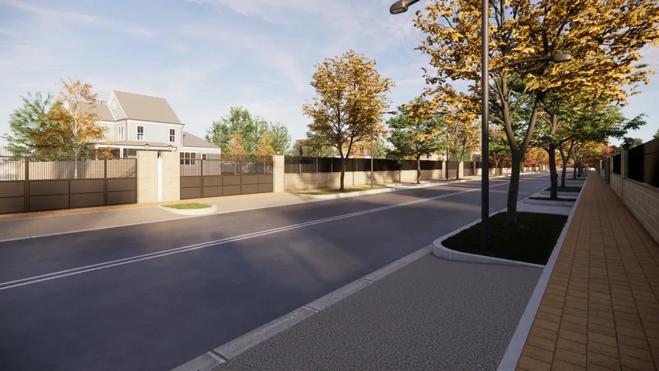 Rendered street with a broad paved footpath, a lamp post and a planted verge, with houses behind low walls