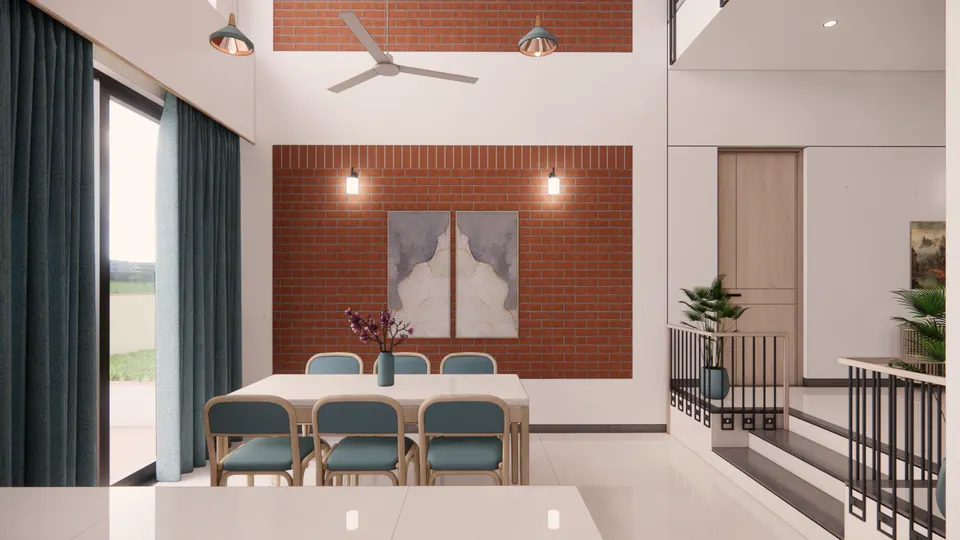 Rendered double-height dining space with a brick wall, abstract art, teal curtains and glazed doors