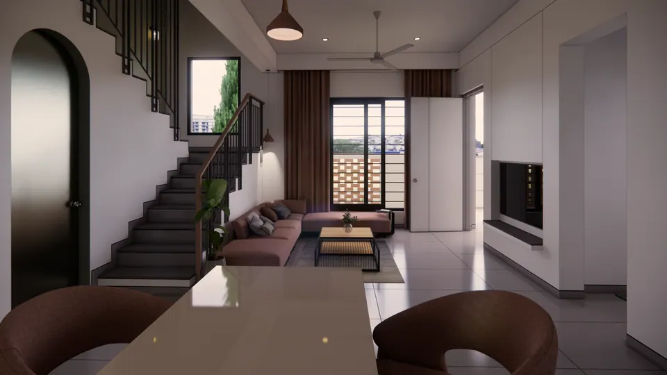 Rendered dining table with curved chairs in the foreground, the living room, stair and an arched door beyond