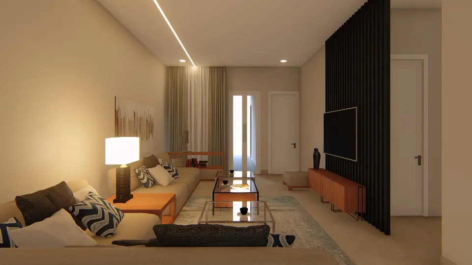 Rendered family lounge with an L-shaped sofa, patterned cushions, a table lamp and a screen on a black slatted wall