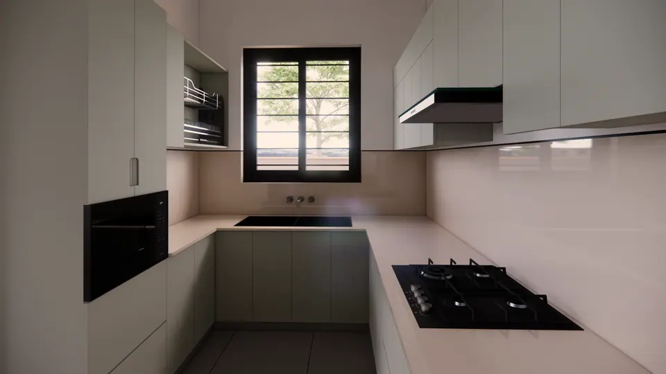 Rendered U-shaped kitchen with sage-green cabinets, a black hob and a window above the sink