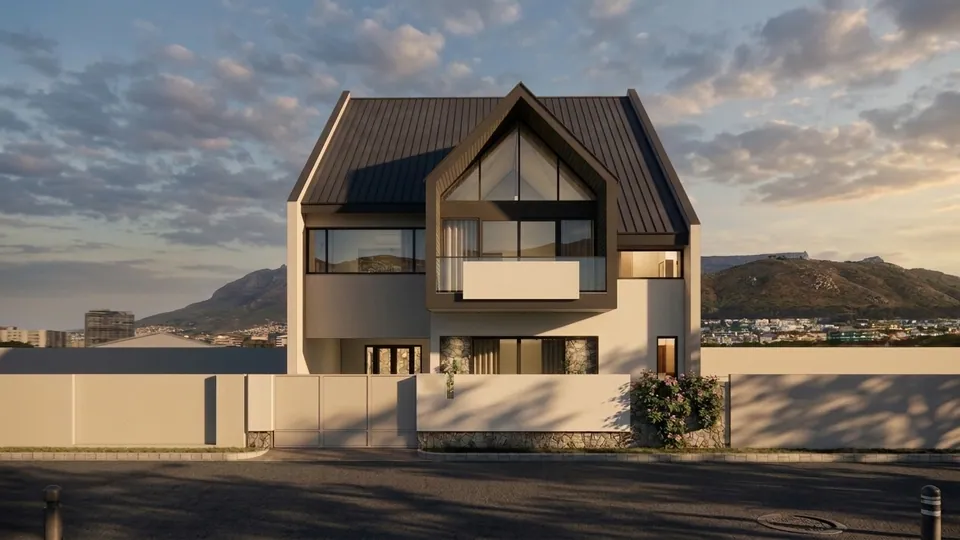 Rendered street view at dusk: a two-storey house with steep dark metal gables, a glazed gable end and a stone-based boundary wall