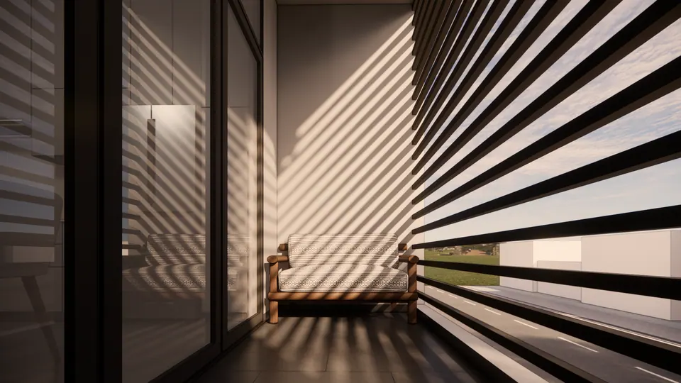 Rendered balcony behind horizontal louvres casting striped shadows over a timber bench