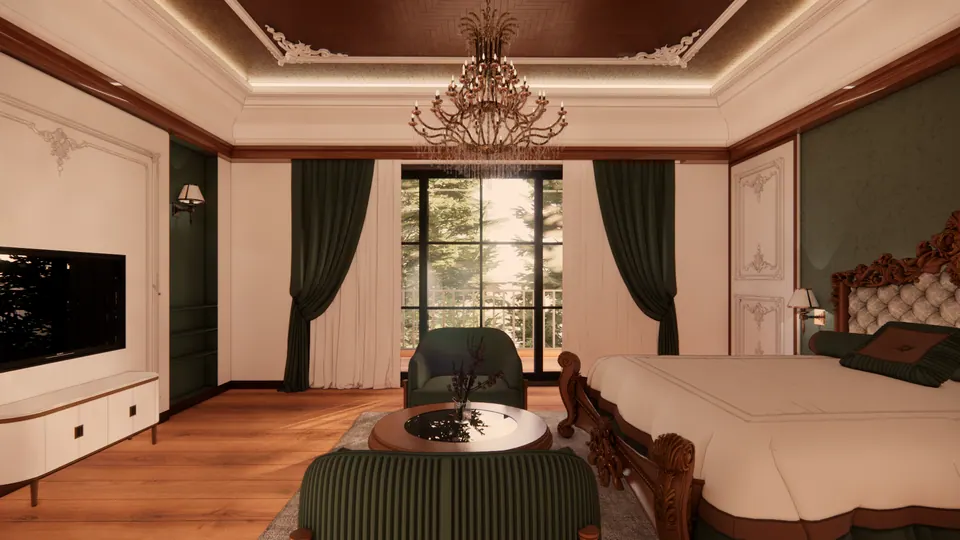 Rendered bedroom: a crystal chandelier in a timber-panelled tray ceiling, green velvet curtains at French windows and a carved bed