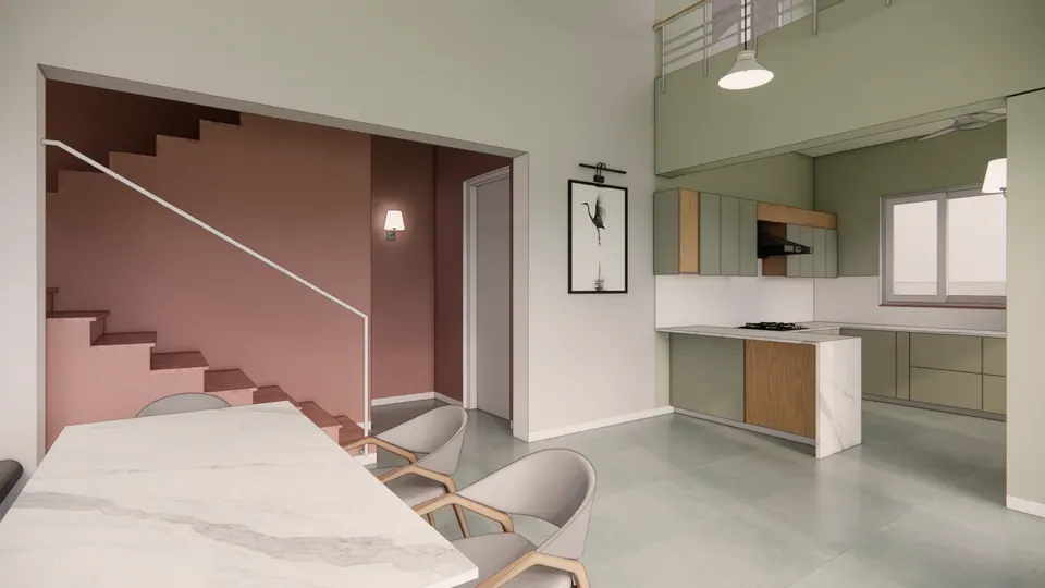 Rendered dining room: the pink stair behind a large opening, the marble table and the sage and timber kitchen