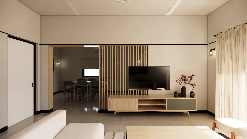 Rendered TV wall: a timber console with vases of magnolia, a slatted timber screen and a timber-framed opening to the dining area