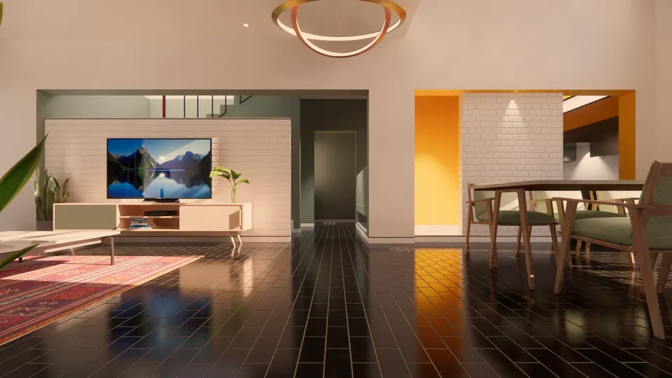 Rendered living and dining space with a white brick TV wall, yellow-lined openings and a ring pendant over dark tiles