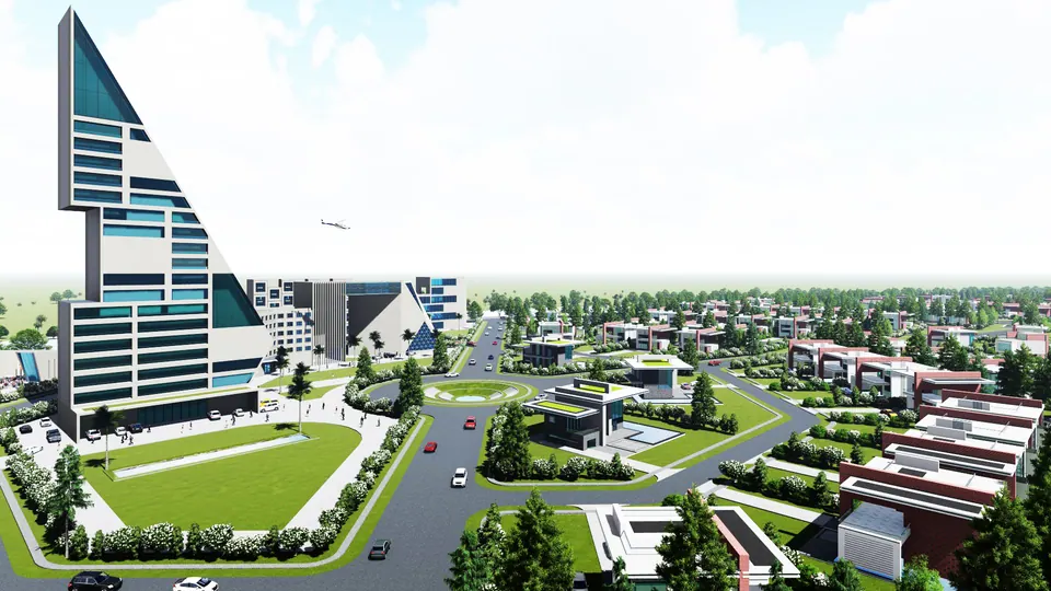 Rendered angular glass tower at a roundabout, with townhouses and villas spreading beyond
