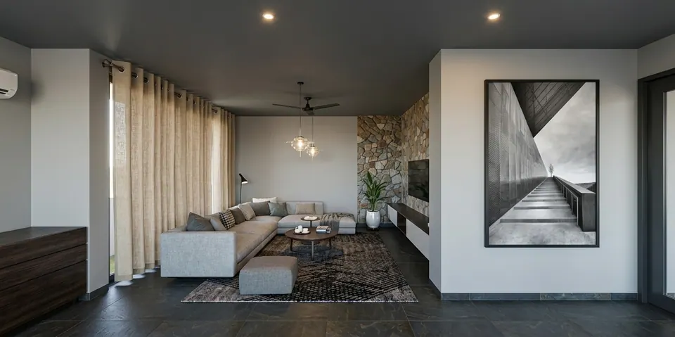 Rendered drawing room: a grey sectional sofa, a stone-clad wall with TV, a large monochrome artwork and linen curtains