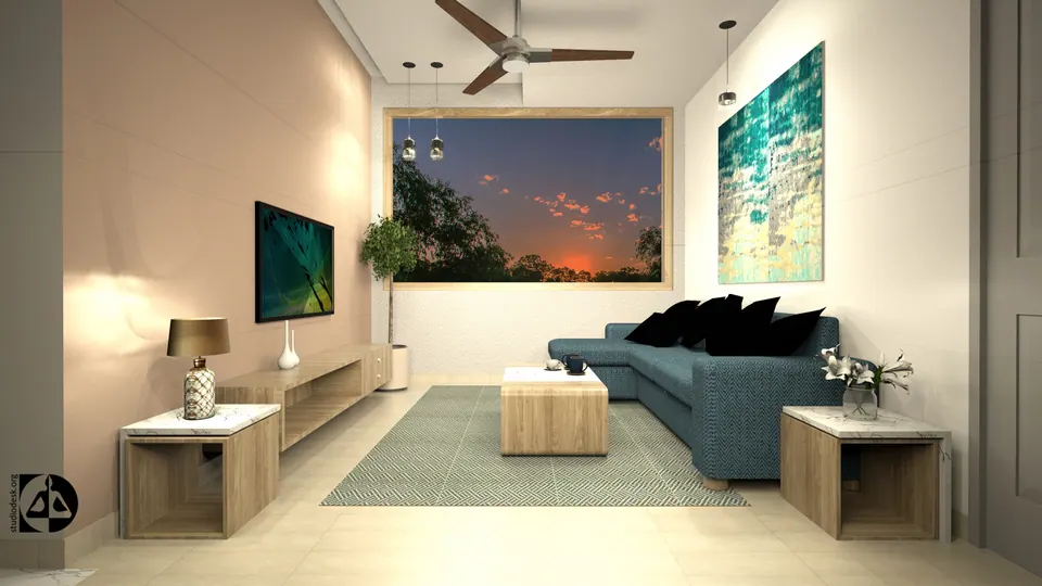 Rendered living room with a teal sofa, a picture window onto a sunset, a wall-mounted TV and timber side tables