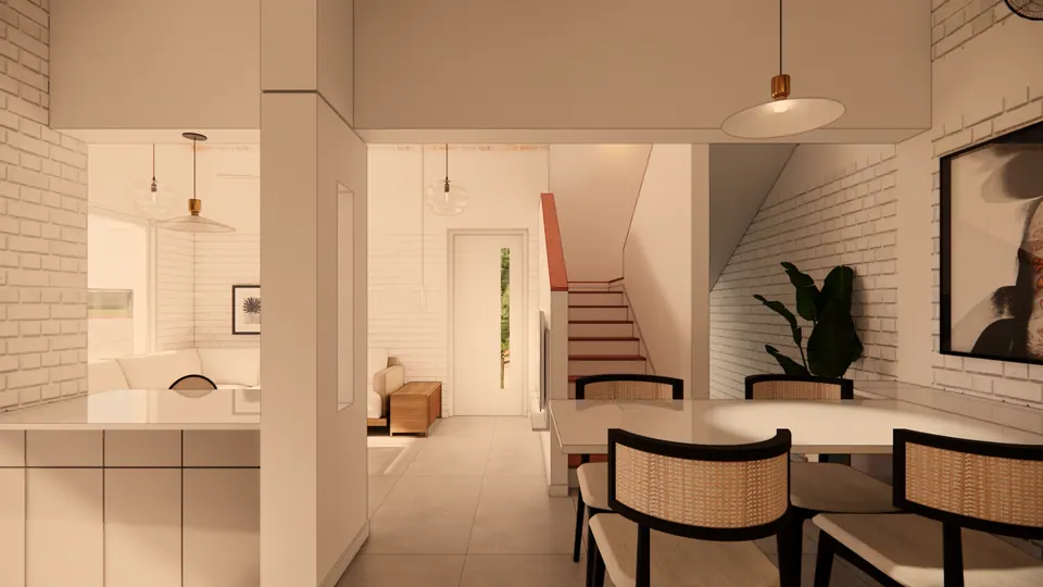 Rendered view past cane-backed dining chairs and a kitchen counter to the living room and the red-oxide stair