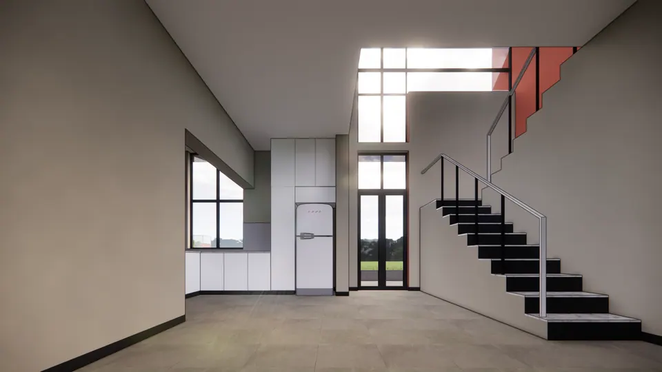 Rendered double-height kitchen and living space with a black-tread steel stair, white cabinets and tall glazed doors