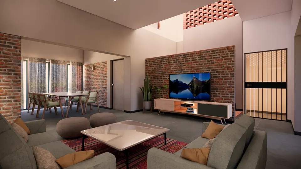 Rendered living and dining room: a brick TV wall, a dining table by the windows and a steel grille door