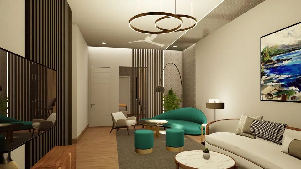 Rendered living area with a teal curved sofa and pouffes under a ring pendant, a slatted screen and a seascape painting