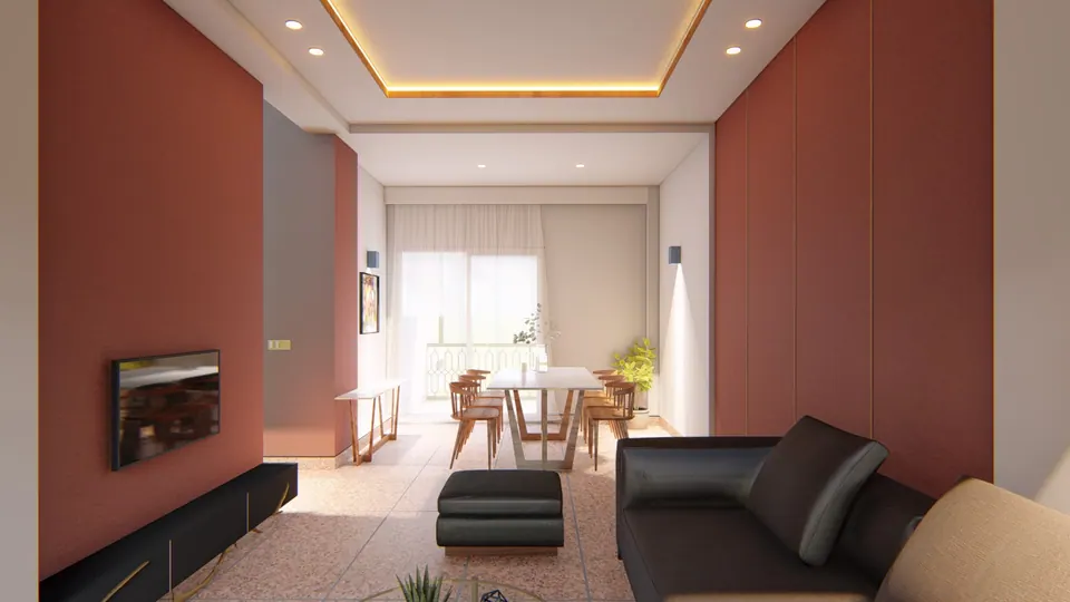 Rendered living room with terracotta walls, a black leather sofa and a dining table by the balcony door