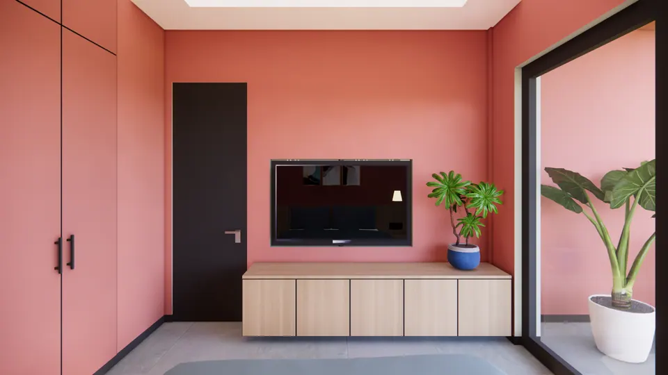 Rendered bedroom with full-height coral wardrobes, a dark door, a timber media unit and potted plants