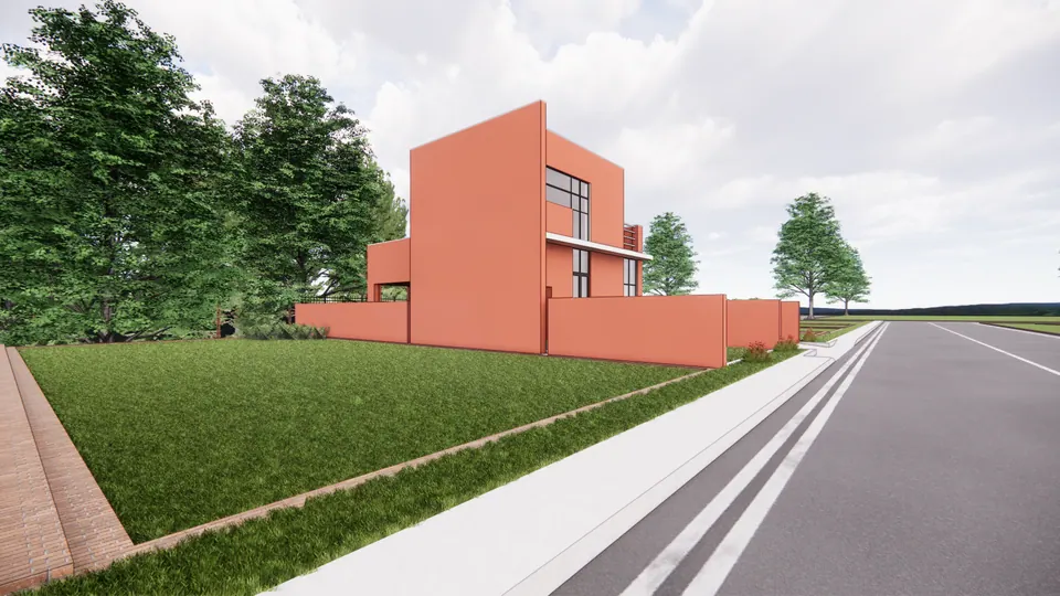Rendered roadside view of the coral house and its boundary wall beyond a lawn verge