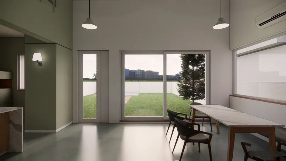Rendered dining area opening onto the lawn through glazed doors, with a long marble table and dark chairs