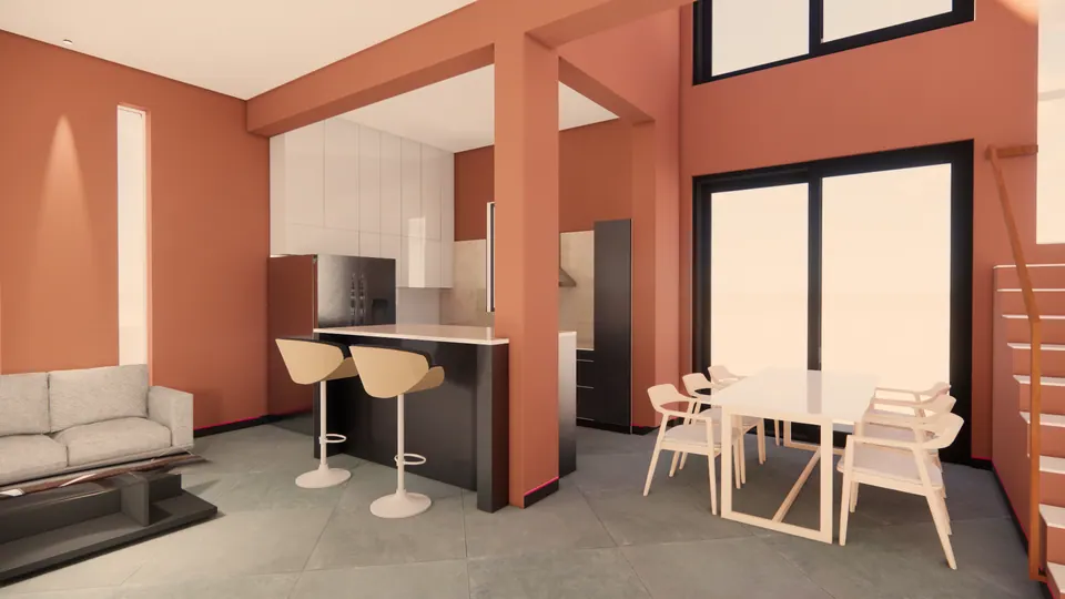 Rendered open kitchen and dining: terracotta walls, a black island with bar stools, a white dining table and a terracotta stair