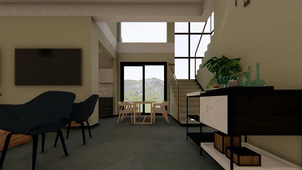 Rendered living and dining area with olive walls, black armchairs, a console with vases and a window to the hills