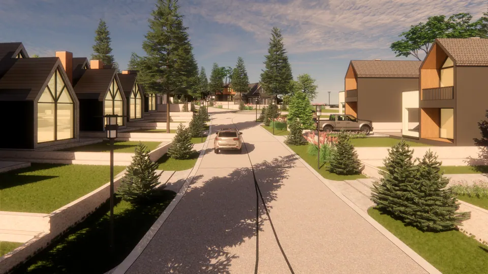 Rendered residential street with gabled, glazed houses on both sides, lamp posts, lawns and parked cars