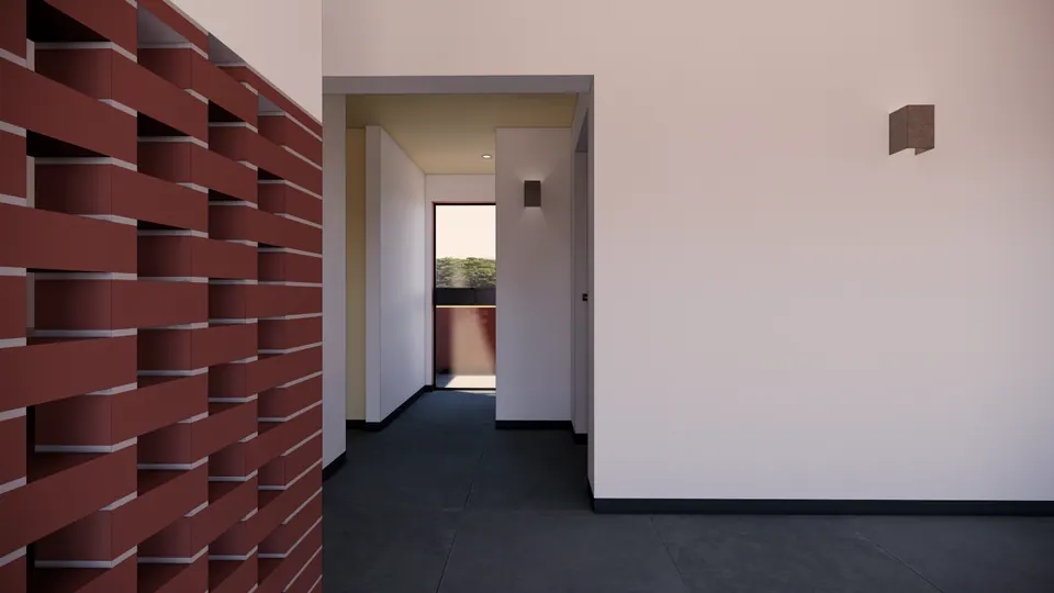 Rendered passage beside a deep brick jali wall leading to a door and a window with a balcony railing