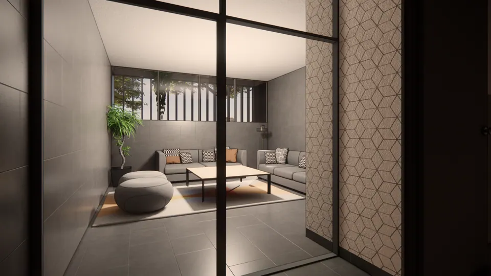 Rendered lounge seen through a glass partition: grey sofas, a low table, round poufs and a clerestory window with plants
