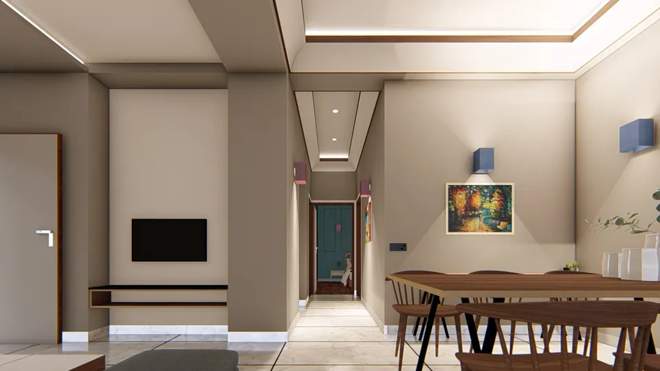 Rendered living and dining area with a TV niche, a timber dining table and a corridor beyond