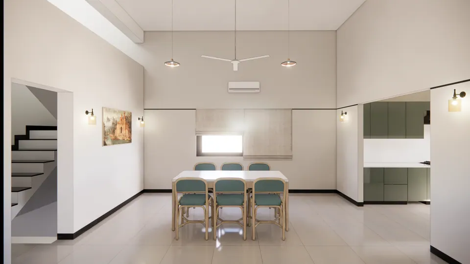 Rendered dining area: a table with six rattan chairs below a window with roman blinds, the stair at left and the kitchen at right