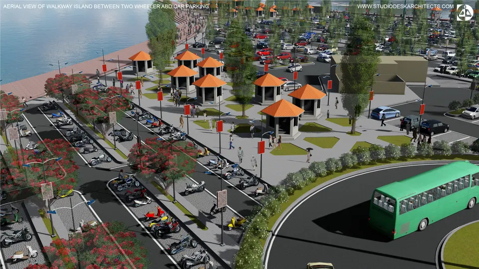 Rendered aerial of a walkway island with orange-roofed kiosks between the two-wheeler and car parking