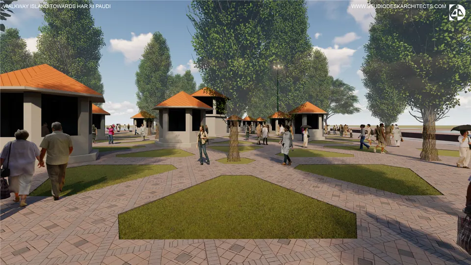 Rendered paved plaza with grass beds, trees and small orange-roofed kiosks, pedestrians walking through